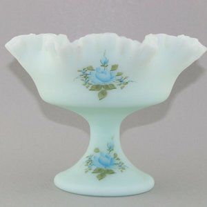 Vintage Fenton Blue Satin Hand Painted Compote